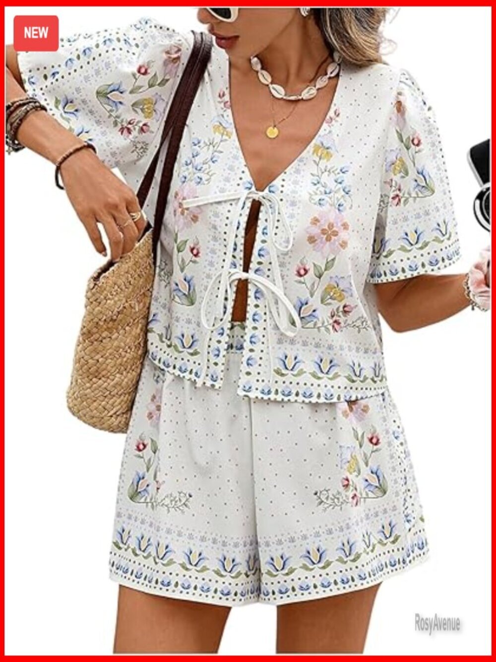 Boho Floral Tie Front Top and Shorts Set Vacation Outfit